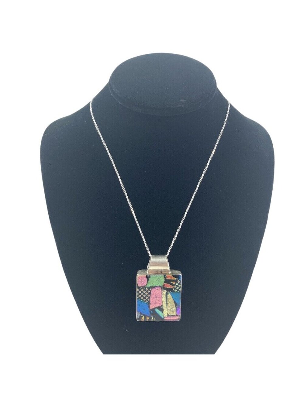 Vtg Womens Chain Necklace 1990s Style Art Glass 925 Silver Pendant 18 In 38 g